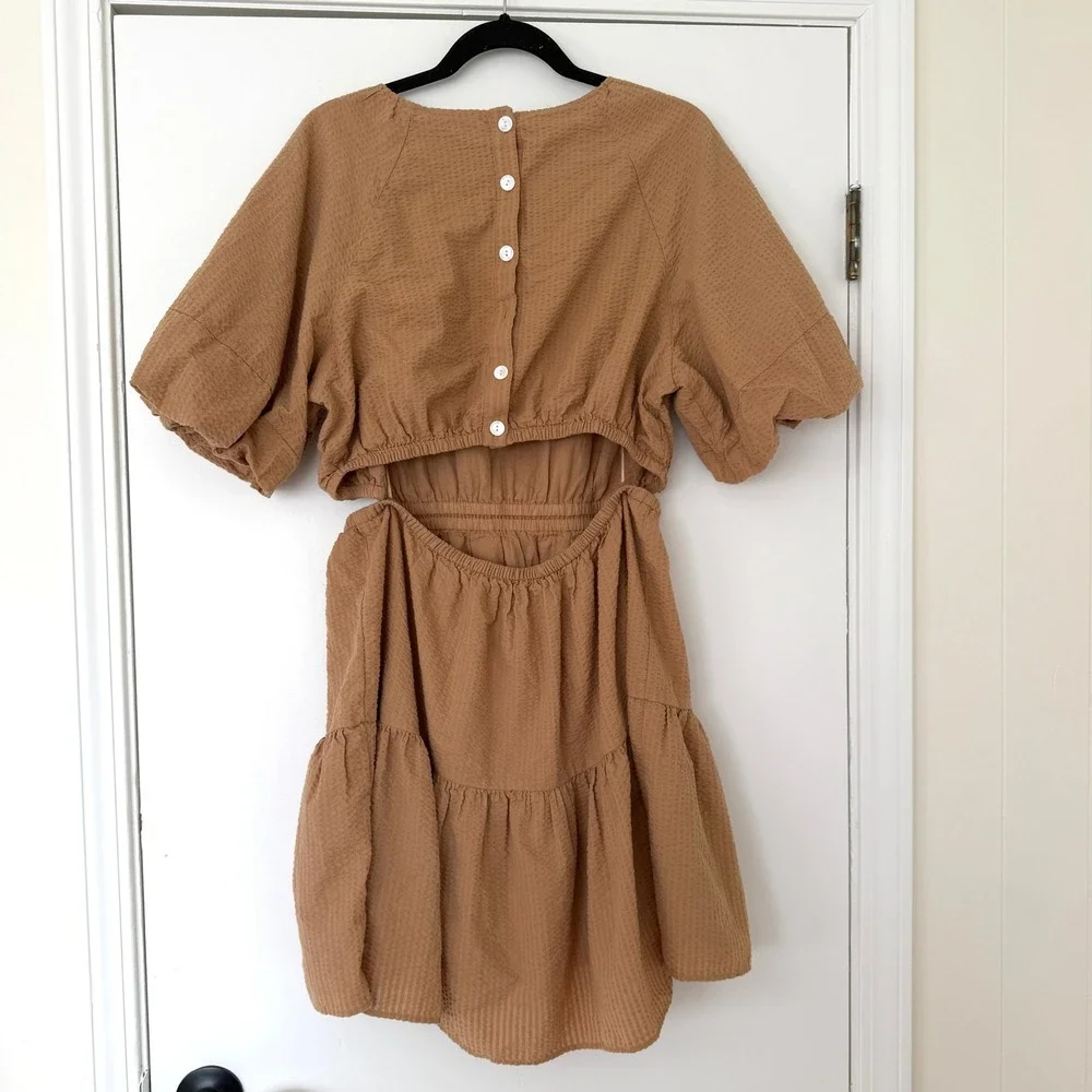 Madewell Seersucker Cutout Tiered Mini Dress Tawny Brown Puff Sleeve XL NE614 - Picture 10 of 10